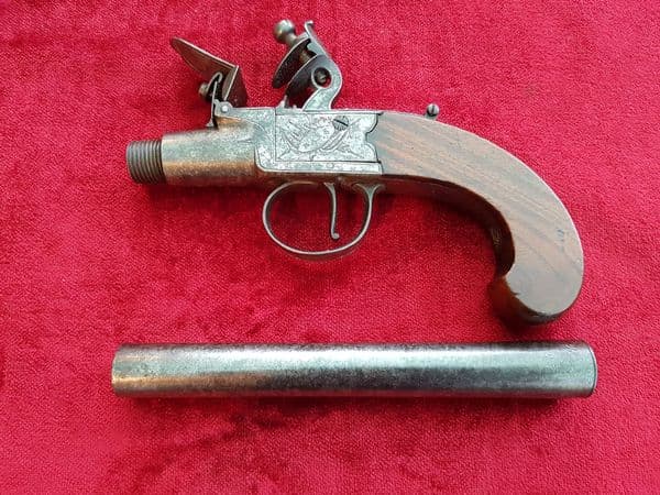 A very scarce and unusually large size English flintlock box-lock pistol circa 1761-1794. Made by John Bass of London. Ref 9586.